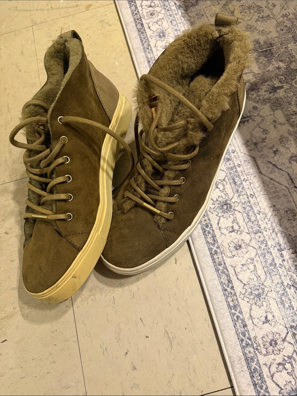 Blackstone Olive Suede High-Top Sneakers with Faux Fur Collar